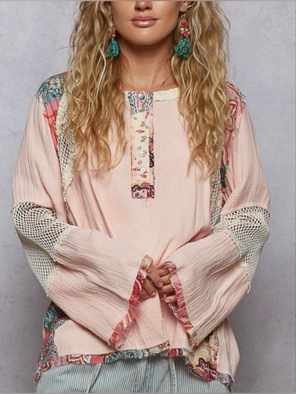 POL Baby Pink Double Gauze Patchwork Peasant Top